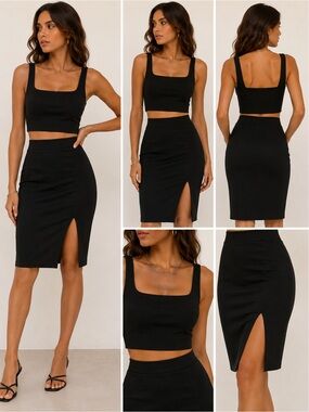 Black Two Piece Crop Top & Midi Pencil Skirt Set